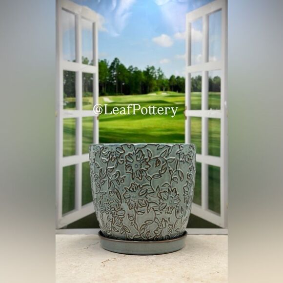 Floral Vines Vintage Inspired (LG) Turquoise Ceramic Planter  Floral Vines Vintage Inspired (LG) Turquoise Ceramic Planter with Saucer